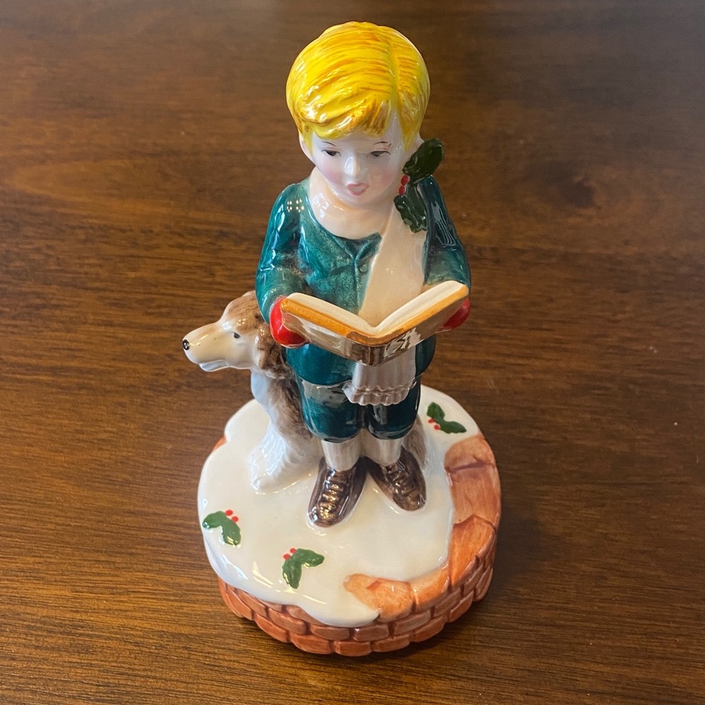 Vintage Berman & Anderson Porcelain Caroling Boy with Dog Music Box